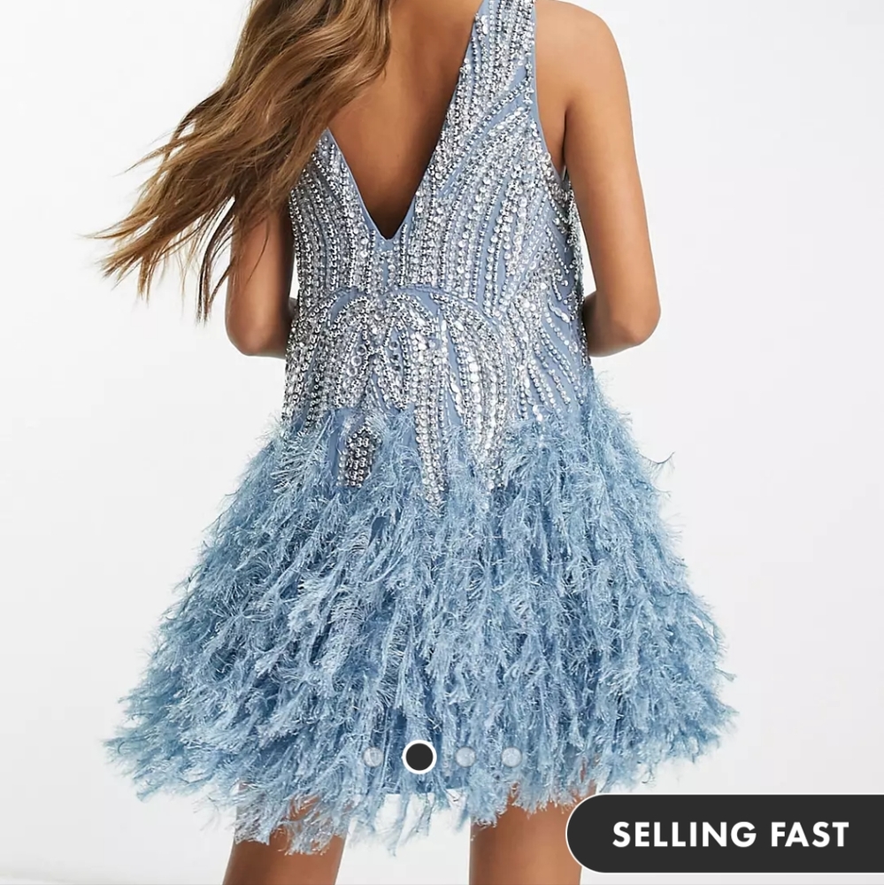 ASOS EDITION crystal and bead mini dress with faux feather hem in blue